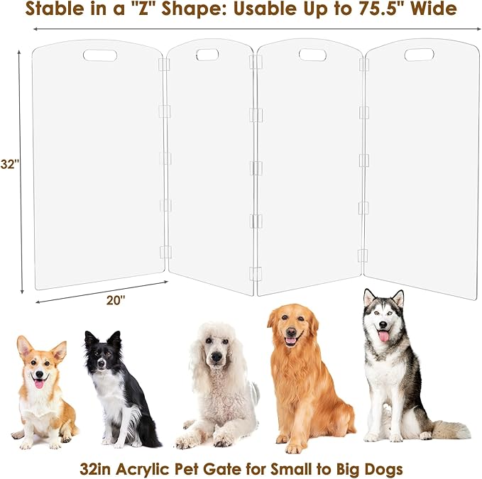 Modern Frame Clear Acrylic Freestanding Dog Gate - 32" Tall Extra-Wide Folding 4-Panel Pet Barrier for Doorways, Stairs & Large Openings, Indoor Fence for Small to Large Dogs & Cats