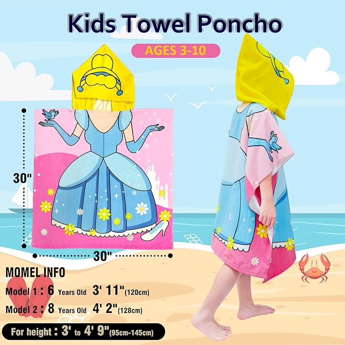 Hooded Kids Beach Towels - Toddler Bath Towel Girls Boys Swim Cover-ups for Ages 4 to 10 Kids Pool Towels Quick Dry Lightweight Soft Microfiber Poncho 30x30 (Princess Dress Blue)