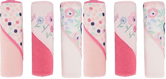 Cudlie Buttons & Stitches Baby Girl 6 Pack Rolled/Carded Hooded Towels in Blooms & Dots Print, GS71731
