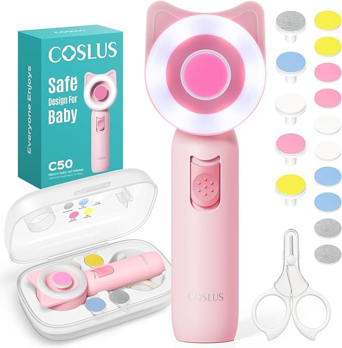 COSLUS C50 Baby Nail File, Baby Nail Trimmer Electric, Baby Nail Clipper - Gentle, Quiet with 360° Light, Safe for Sleep Time Grinding, 16-in-1 Kit for Newborn, Infant & Toddler, Strawberry Pink