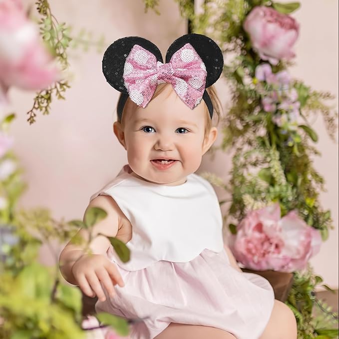 3 PCS Mouse Ears Sequin Bow Nylon Hairband with Polka Dot Cute Baby Headbands Soft Hairbands Hair Accessories for Newborn Infant Toddler
