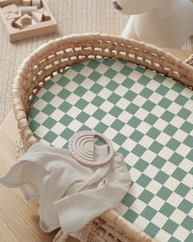 Blissful Diary Muslin Bassinet Sheets for Baby Girls Boys, Boho Soft Cotton Fitted for Oval Hourglass Rectangle Mattress, 2 Pack(Sage Checkboard & Sage Green)