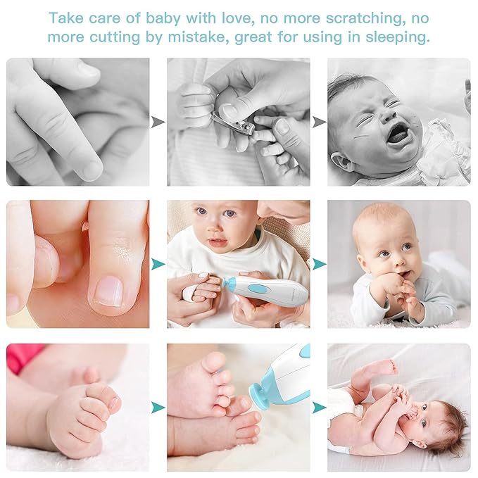 Baby Nail Clippers Electric Baby Nail Trimmer with LED Light Whisper Safe Nail File for Newborn Toddler Kids Toes Fingernails Care Kit with 10 Grinding Heads Battery Operated (Not Included) - Blue