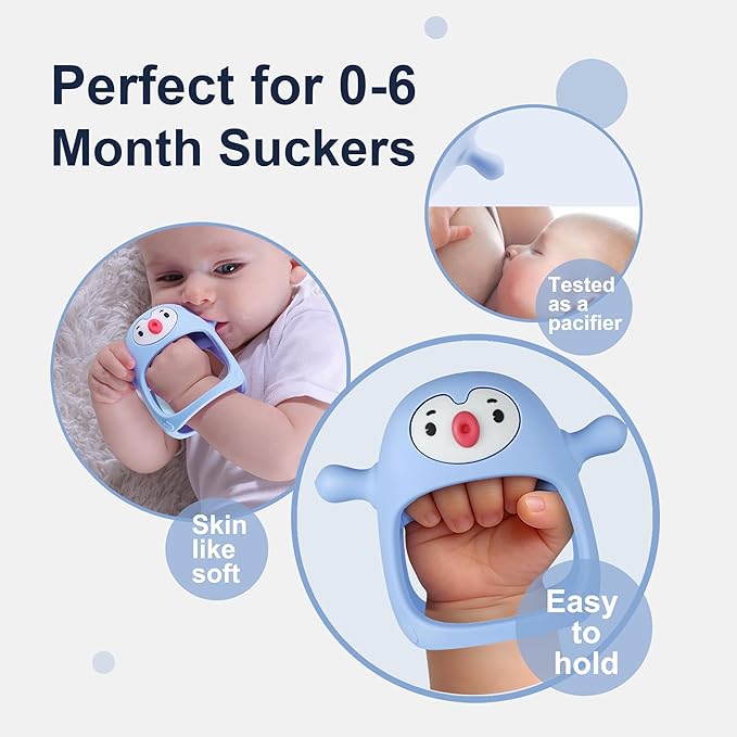 Smily Mia 2pack Baby Teething Toys for 0-6 3-6Months |Penguin Teether | Hand Teethers| Teething Mittens|Chew Toys for Teething Pain Relief, Baby Pacifiers| New Born Essentials, Blue+Grey