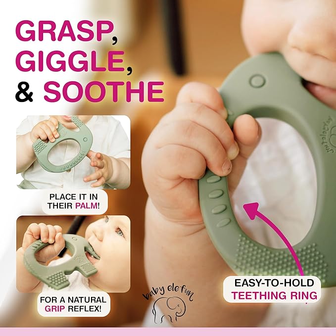 Baby Elefun Baby Teething Toys 5X Pain Relief Zero Delay 0-6 Months, Olive