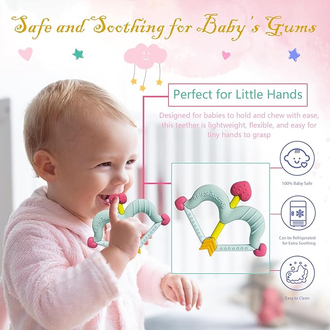 Teethers Heart Shape Silicone Baby Teether Toy Easy for Little Hands to Hold,Cupid Bow and Arrow Soft Teething Toy for Infants,Valentine's Gift for Girl or Boy (Green)