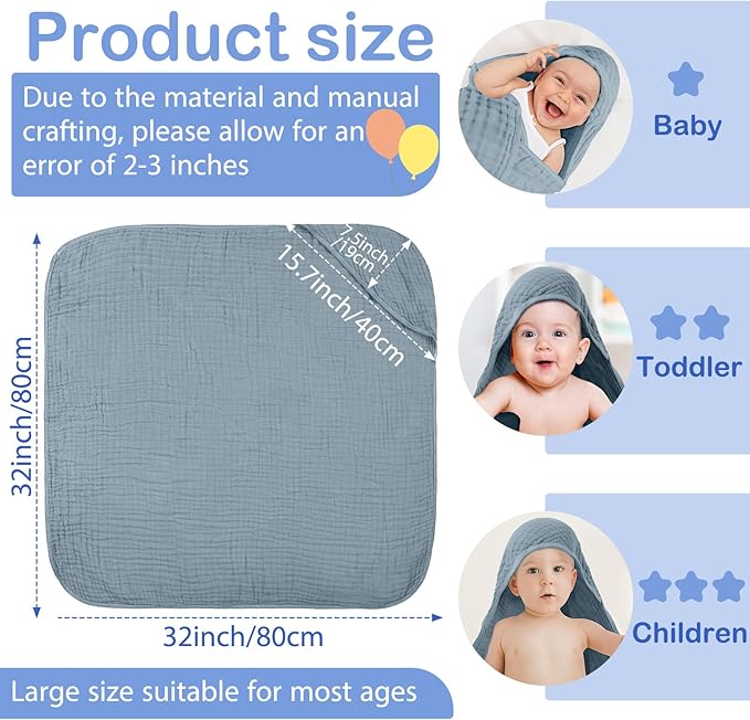 Peryiter 4 Pcs Muslin Hooded Baby Towels 32x32inch Cotton Newborn Bath Essentials Muslin Infant Blankets Absorbent Registry Baby Shower Present for Babies Girl Boy Kids (Green Series)