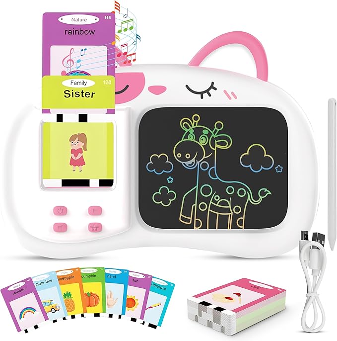 Henry & Colin Smart Talking Flash Cards Reader with LCD Writing Drawing Tablet Card for Kids – Colorful Drawing Pad, Educational Toy, Reusable Board, Travel Essential for Boys & Girls (Pink)