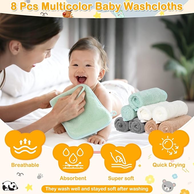 16 Pcs Baby Towels Set for Infants Toddlers, 4 Pcs Hooded Bath Towels, 4 Pcs Baby Bibs & 8 Pcs Washcloths Set, Absorbent Soft Newborn Gift for Boys & Girls-Elephants, Pandas, Bears & Moose