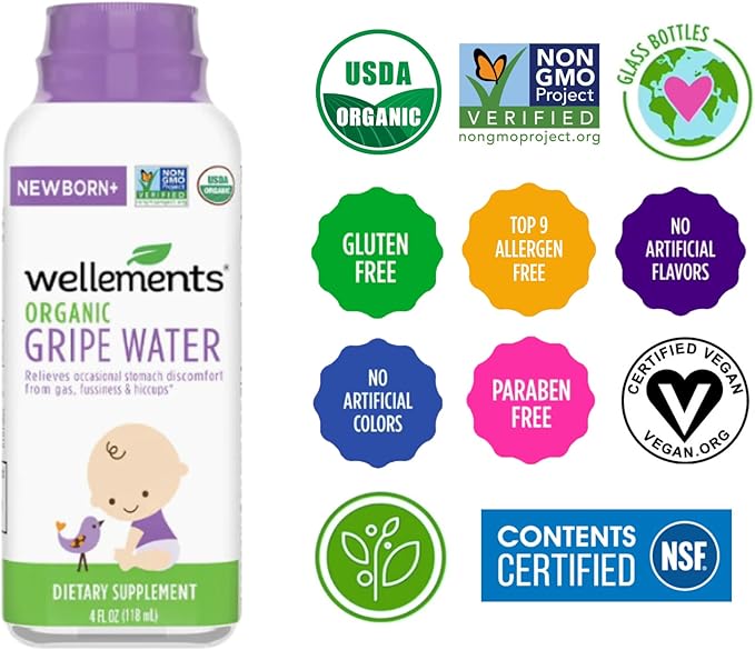 Wellements Organic Gripe Water | Relieves Occasional Stomach Discomfort from Baby Gas, Colic, Hiccups and Fussiness | Certified Organic and Non-GMO | No Artificial Flavors | 4 Fl Oz. | Ages Newborn+