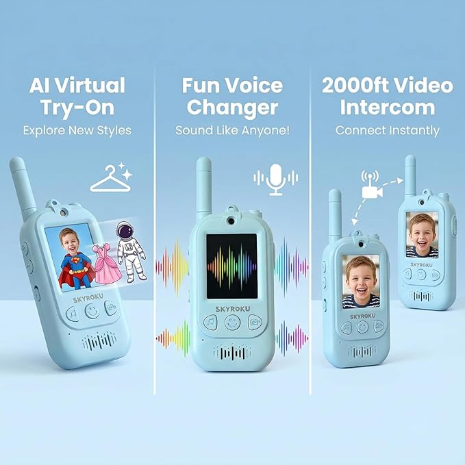 SKYROKU 2nd-Gen Video Walkie Talkies for Kids, 2000ft Long Range Rechargeable Walky Talkies, AI Virtual Costumes & Voice Changer, Outdoor Camping Toys Gift for Boys Girls Ages 3-12 (Blue&Blue)