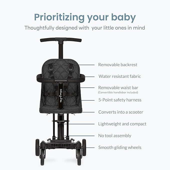 Dream On Me Coast Rider Travel Stroller, Lightweight & Compact Baby Stroller, Theme Park Approved, Book-Folding Design, Adjustable Handle, Soft-Ride Wheels, Converts to Rider & Scooter - Black