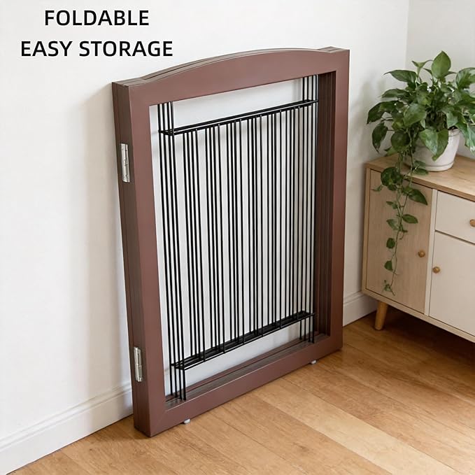 ZJSF Freestanding Dog Fence Indoor, Foldable Dog Gate for Doorways, Stairs or Hallways, Sturdy Wood Extra Wide Pet Gate with Support Feet for The House, Brown, 32 "Height-2 Panels