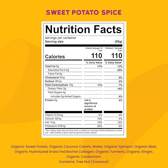 Serenity Kids 6+ Months Dairy-Free Smoothie Baby Food | USDA Organic | Grass Fed Collagen Protein | 3.5 Ounce BPA-Free Pouch | Sweet Potato Spice | 1 Count