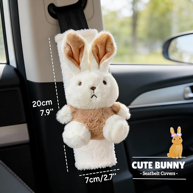 2 PCS Seat Belt Cover Pad, Cute Kawaii Animal Bunny Seatbelt Covers for Kids and Adults, Winter Plush Fluffy Soft Seat Belt Cover, Cartoon Seatbelt Cushion,Car Seat Strap Pads (D-Bunny)