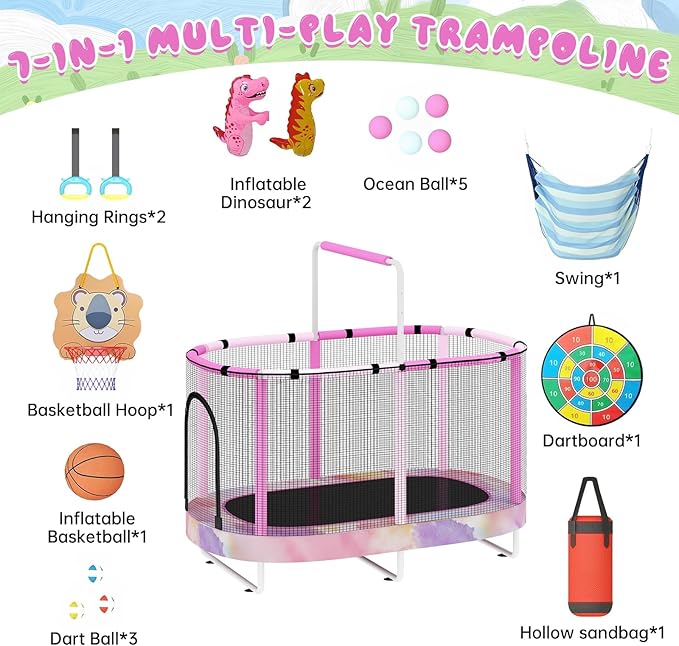 LAMERGE 55" 7-in-1 Round Trampoline for Kids Boys & Girls Ages 1-8, Indoor & Outdoor Trampoline for Fun, Adjustable Height Handrail ＆ Enclosed Safety Net ＆ Durable Designs for Toddlers Children