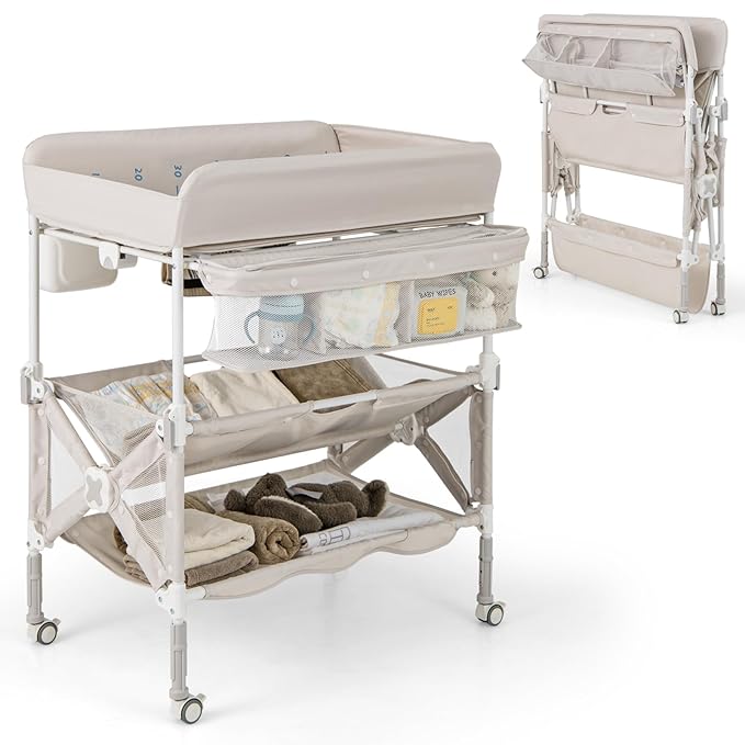 HONEY JOY Changing Table, Foldable Baby Mobile Nursery Organizer w/Wheels, Adjustable Heights, Storage Bag & Shelves, Waterproof Diaper Changing Station Dresser, Portable for Newborn Infant (Beige)
