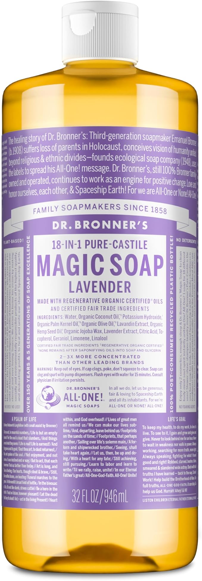 Dr. Bronner's - Pure-Castile Liquid Soap (Lavender, 32 ounce) - Made with Organic Oils, 18-in-1 Uses: Face, Body, Hair, Laundry, Pets and Dishes, Concentrated, Vegan, Non-GMO