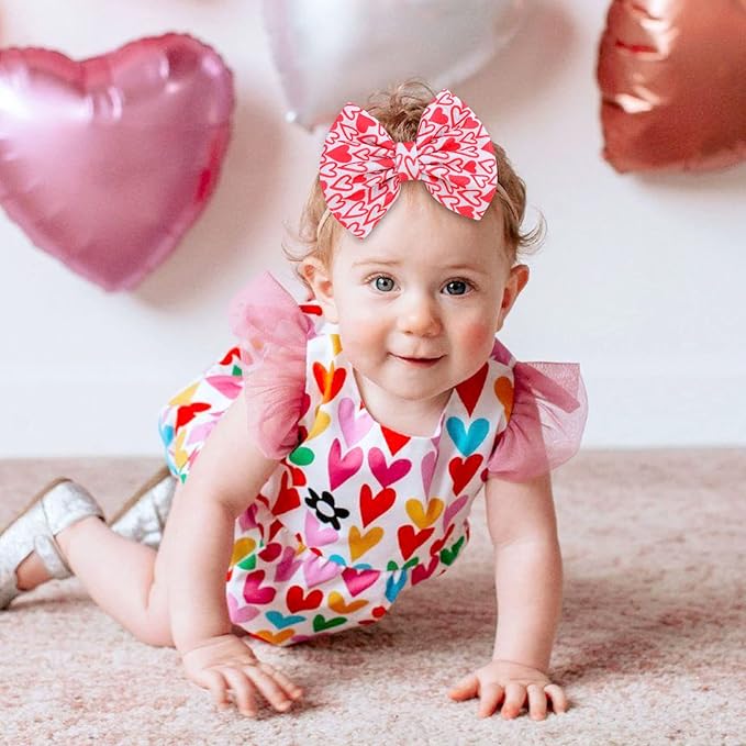 Valentine's Day Baby Headbands Pink Red Love Heart Printed Elastic Nylon Valentines Hairbands for Baby Girls Newborn and Infant 3 Pcs (Valentine's Day- A)
