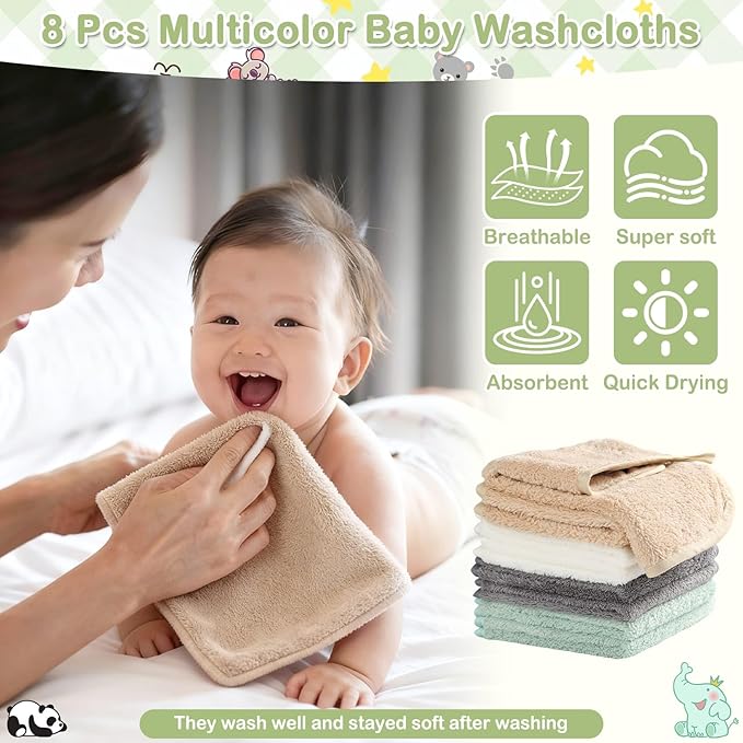 14 Pcs Baby Towels Washcloths and Baby Bibs Set, 4 Pcs 32x32 Hooded Bath Towel, 8 Pcs Baby Washcloths and 2 Pcs Cotton Baby Bibs for Newborns, Toddlers and Kids, Soft Baby Towel Set for Boys and Girls