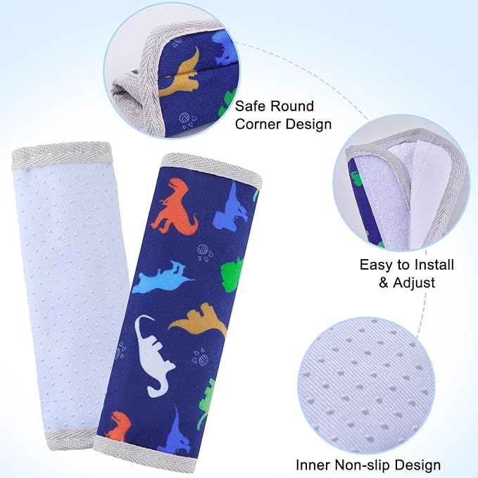 Seat Belt Cover Pad for Baby, Soft Seatbelt Cushion Covers for Kids 2Pcs Car Seat Strap Shoulder Pads for All Car Seats, Stroller, High Chair,Blue Dinosaur