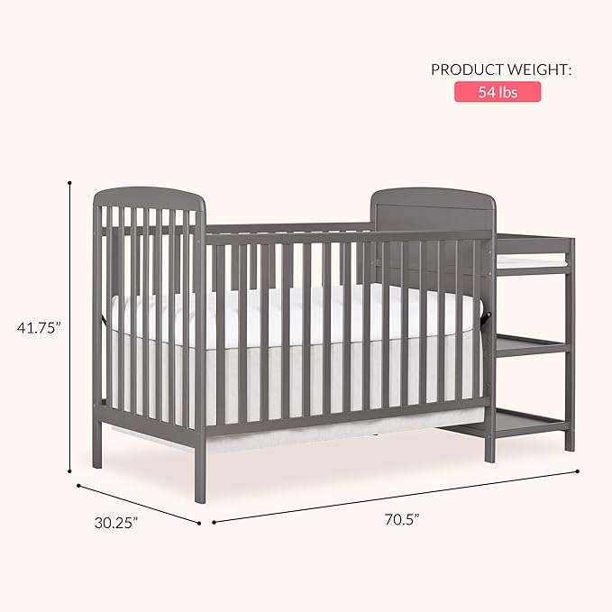 Dream On Me Anna 3-in-1 Convertible Full-Size Baby Crib & Changer with Storage in Steel Grey, GreenGuard Gold & JPMA, Pinewood, Converts to Day & Toddler Bed, 3 Mattress Heights, 1″ Changing Pad