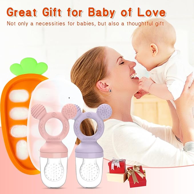 Baby Fruit Food Feeder - Silicone Nibble Tray Combo - Breastmilk Popsicle Mold for Cooling Relief, BPA Free Mesh Feeder for Infant Self Feeding (Lavender Pink + Carrot)