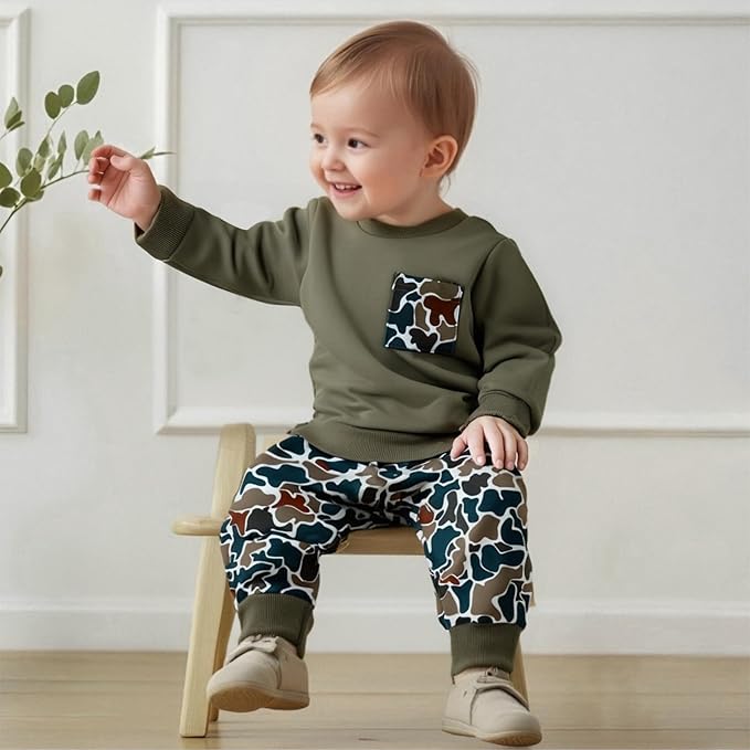 Toddler Boy Fall Winter Clothes Baby Camo Hunting Outfits Retro Pullover Sweatshirts + Camouflage Pants Set