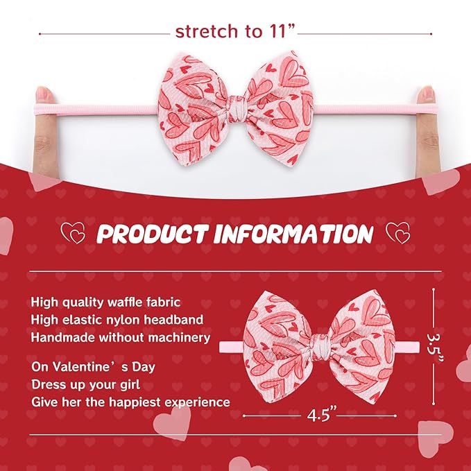 YanJie Nylon Valentines Bows for Baby Girls Red Heart Bow Headband Newborn Toddler Infant Hot Pink Hair Bow Valentines Day Headband Hair Accessories
