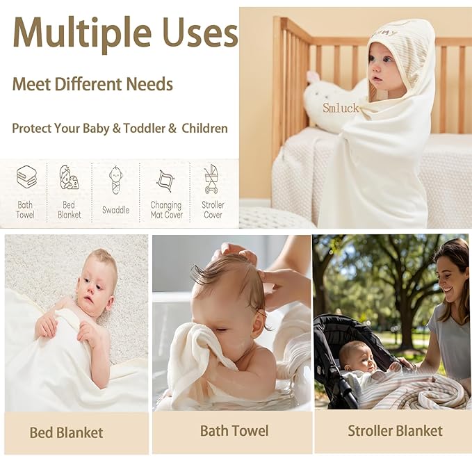 6-Pack Organic Cotton Baby Bath Set - Embroidered Hooded Towel & 5 Soft Washcloths, Ultra Soft Newborn, Toddlers Registry Gift for Boys & Girls, Stripes Bear, 37.5 x 37.5 Inch