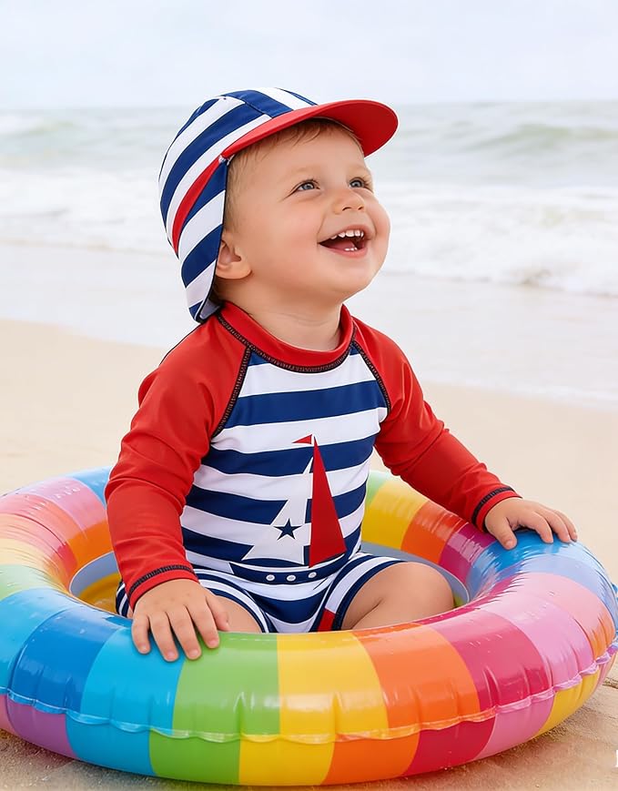 ADUKIDE Baby Boys Swimsuit Summer Beach Rash Guard Swimwear One Piece Sunsuit with Sun Hat 3-24 Months