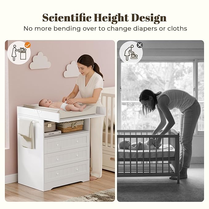 Baby Changing Table with Foldable Tabletop, White Baby Dresser with 3 Drawers & Open Storage Space, Modern Diaper Changing Station with Storage, Perfect for Bedroom & Nursery (Pad Not Included)