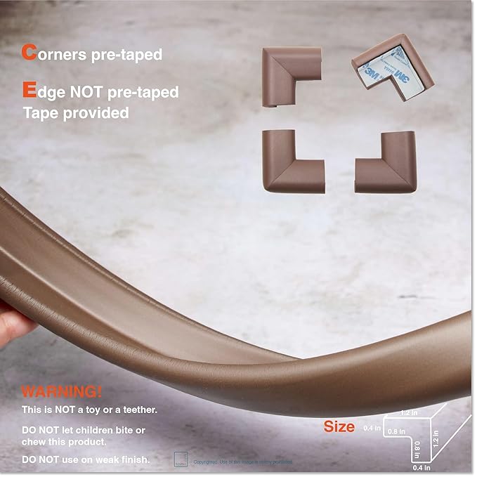 Roving Cove HeftyFit Edge Corner Protector Baby Proofing (Large 18ft Edge 8 Corners), Heavy-Duty, Soft NBR Rubber Foam, Furniture Fireplace Safety Bumper Guard, 3M Adhesive, Coffee Brown