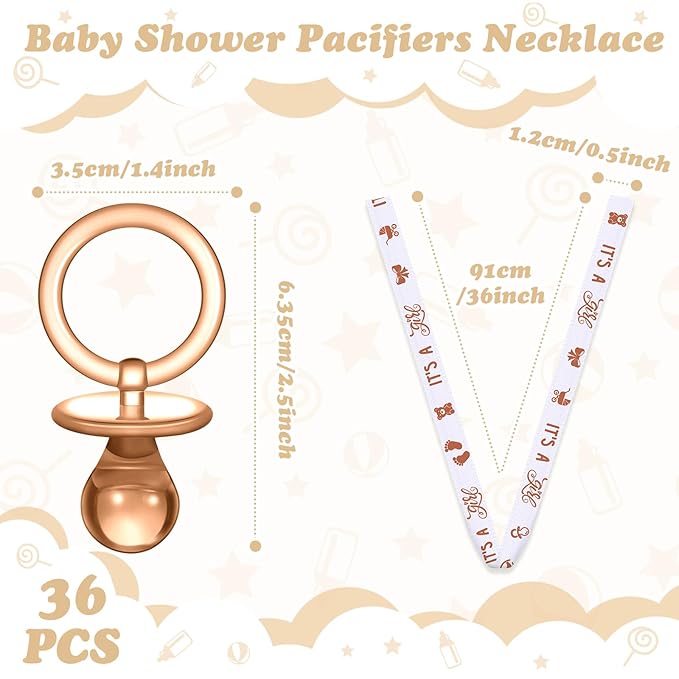 Geiserailie 36 Pcs Baby Shower Pacifiers Necklace Acrylic Pacifiers Necklace Charm Party Favors for Girls Boys Baby Shower Party Decorations Table Scatter(Brown White)