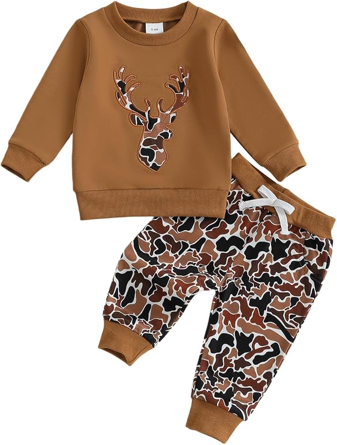 Muineobuka Toddler Baby Boy Hunting Clothes Reindeer Embroidery Sweatshirt and Camouflage Pants Outfits Baby Camo Clothing