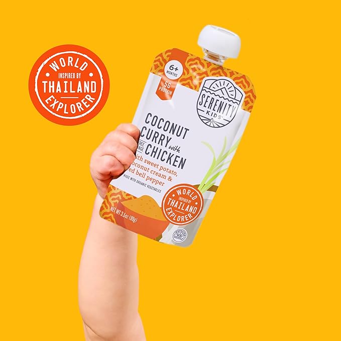 Serenity Kids 6+ Months Coconut Curry Chicken Baby Food Pouch - 3.5 Oz, Pack of 12 - Nutrient-Packed Pureed Baby Food - GMO Free Portable Pouch for On-the-Go Toddler Snacks