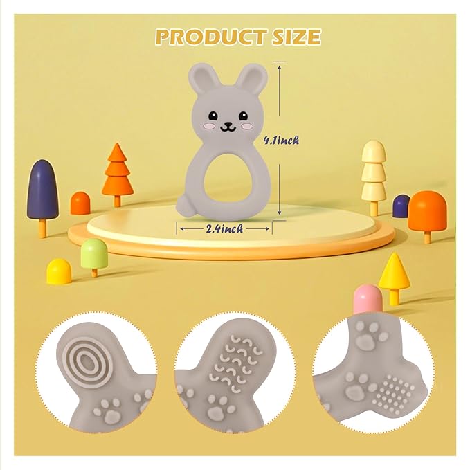 Baby Bunny Teether, Food-Grade Silicone Toy for Infants 3–12 Months, Easy-Grip Chew Toy with Textured Ears for Sensory Exploration, Freezable & Dishwasher Safe (Light Grey)