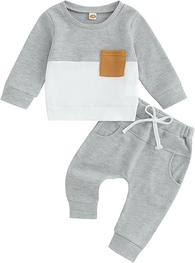 Toddler Baby Boy Fall Outfit Long Sleeve Crew Neck Contrast Color Sweatshirt Top Pant Cute Newborn Infant Waffle Clothes