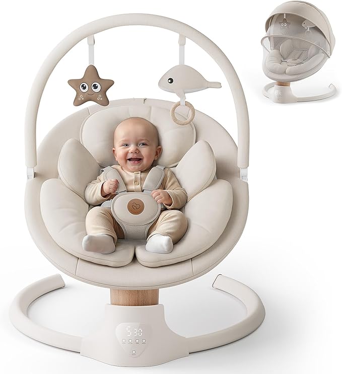 Baby Swings for Infants, FasonBaby Electric Baby Swing with 10 Preset Melodies, 5 Speeds, Remote Control and Bluetooth - Portable Infant Swing for Indoor and Outdoor(Beige)