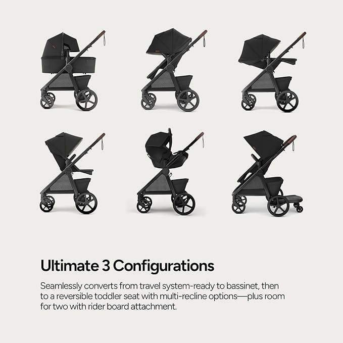 Mompush Ultimate 3 Full Size Baby Stroller with Bassinet from Newborn to 50 lbs - All-Terrain Large Wheels with Full Suspension, Reversible & Extendable Seat for Growing Kids, One-Second Compact Fold