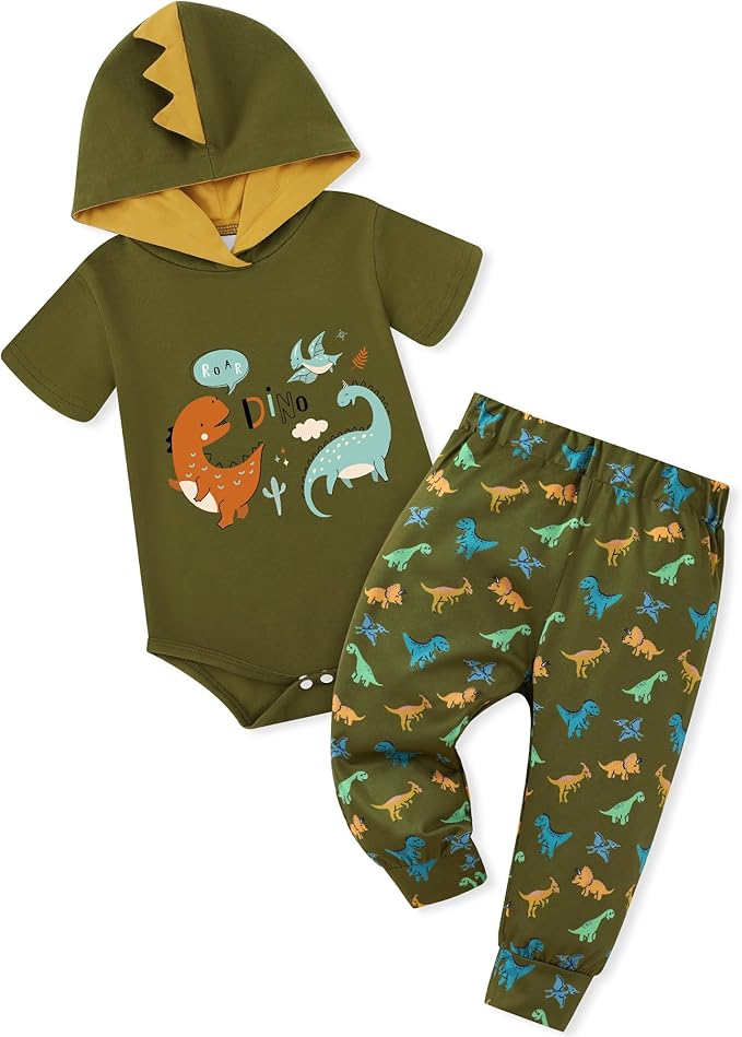 Newborn Boy Summer Outfits Animal Print Short Sleeve Romper with Hoodie & Pants Infant Clothing Set