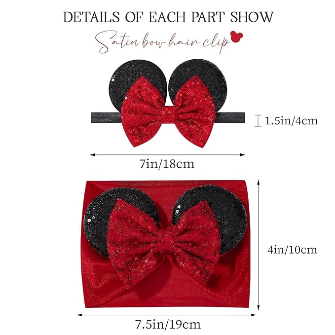 choicbaby Baby Girl Headbands Mouse Ears Headwrap with Sequin Polka Dot Bow Soft Stretchy Nylon Hair Bands for Newborn Infant Baby Toddler Girls- Pack of 2
