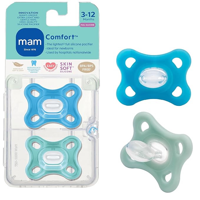 MAM Comfort Baby Pacifiers 3-12 Months Babies, Lightweight One-Piece Full Silicone Binky, BPA-Free Nipple, Easy to Clean Pacifier, Best for Breastfed Babies, 2 Count, Sterilizer Case, Made in Europe