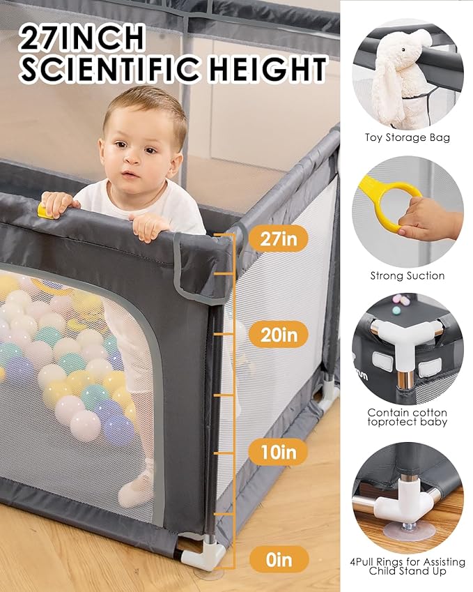 50" x 50" Extra Large Baby Playpen for Babies and Toddlers, Safe with Soft Play Fence, Indoor Safety Yard, Easy to Assemble and Clean (Gray)