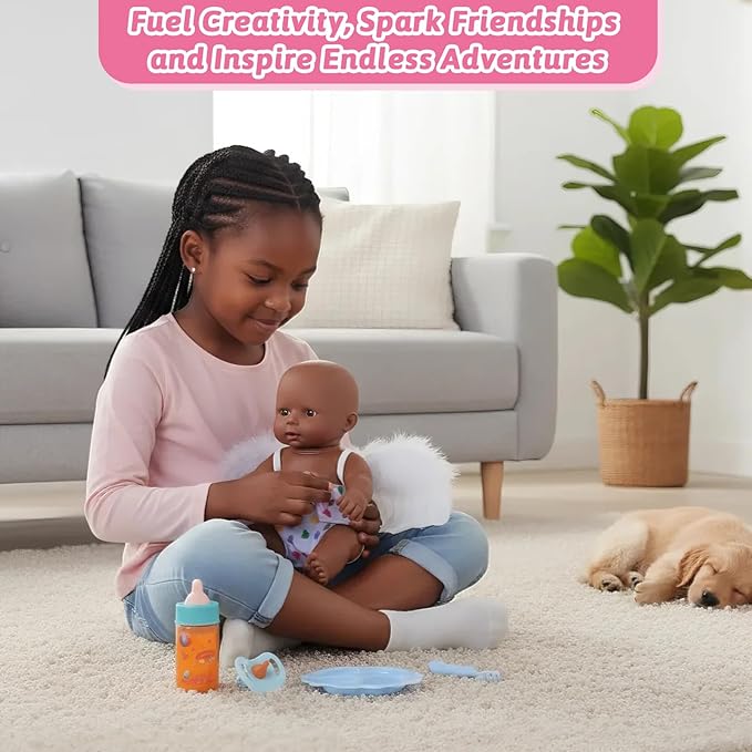 Baby Doll Accessories Set – 7 Pcs Feeding Bottle Toys, Magic Disappearing Milk & Juice, Pretend Play Set with Pacifiers, Reusable Bibs and Diapers, Kids Gift
