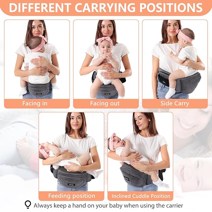 HKAI Baby Hip Carrier,Baby Carrier with Adjustable Waistband & Breathable Mesh, Ergonomic Carrier with Non-Slip Hip Seat Surface for Newborns & Toddlers (Grey)