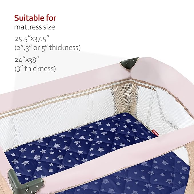 Pack and Play Sheets Fitted, Breathable Thick Playard Lovely Print Cover 39"×27"×5" Compatible with Graco Pack n Play, Navy Star