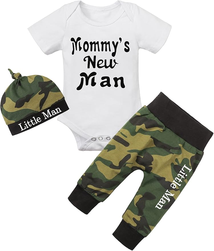 Fommy Newborn Baby Boy Clothes New to The Crew Letter Print Romper+ Pants+Hat 3PCS Outfit
