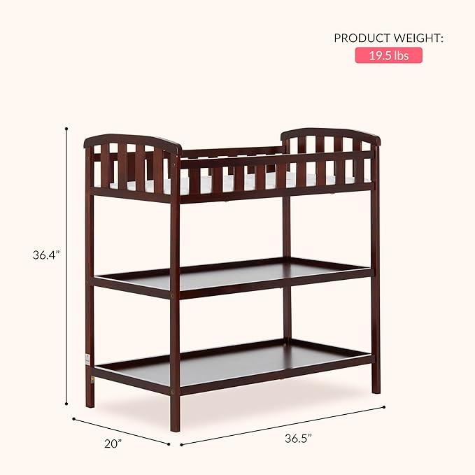 Dream On Me Emily Changing Table, Compact and Lightweight, Solid New Zealand Pinewood, Elevated Safety Rails, Two Storage Shelves, Includes Water-Resistant 1" Changing Pad — Espresso