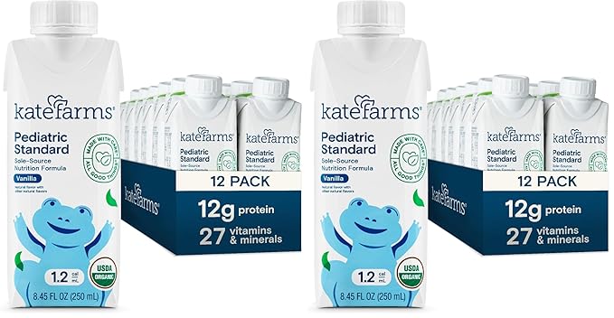 KATE FARMS Organic Plant Based Pediatric 1.2 Sole Source Vanilla Nutrition Shake, 12g of protein, 27 Vitamins and Minerals, Meal Replacement Drink for Kids, Non-GMO, 8.45 Fl oz (Pack of 24)